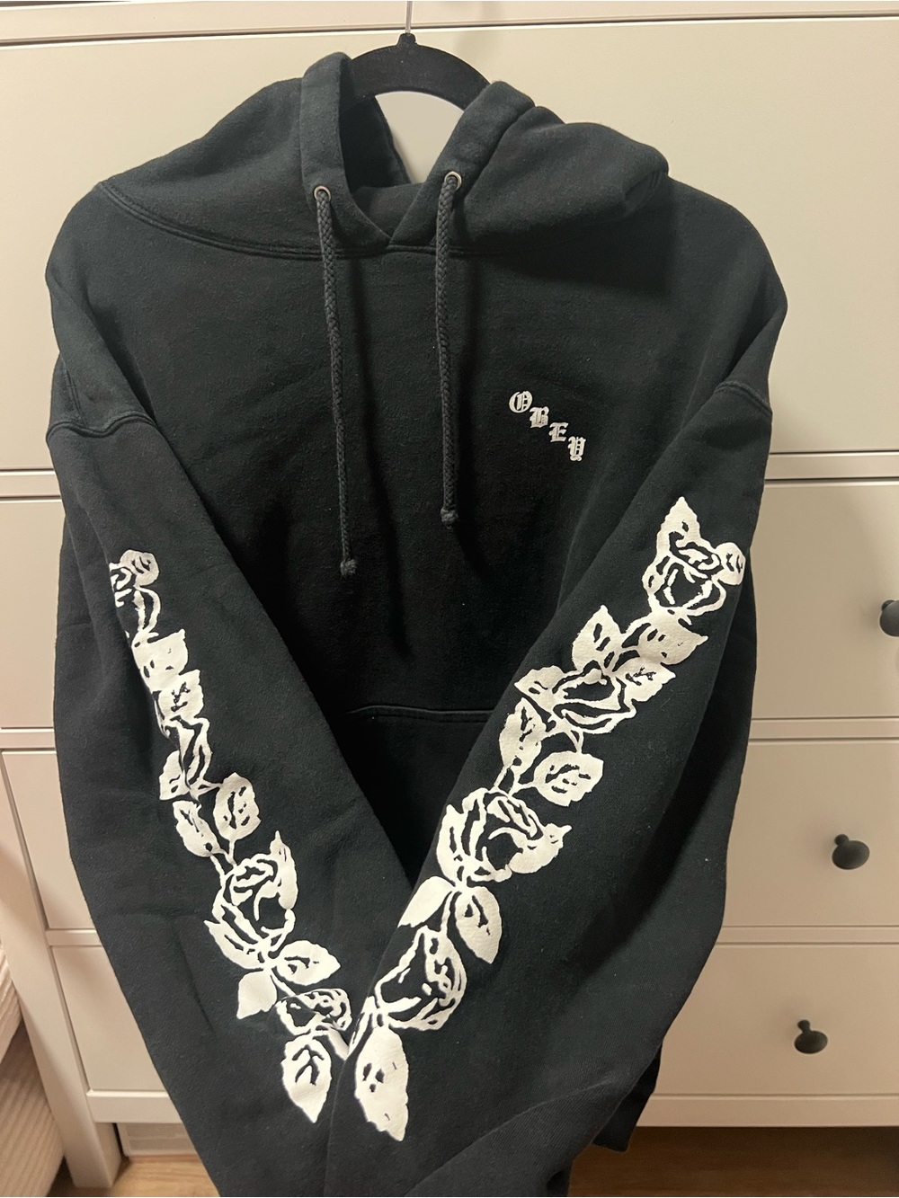 OBEY Black Hoodie with White Rose Sleeve Graphics